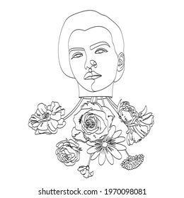 Abstract face with flowers, line drawing. Portrait minimalistic style. Botanical print. Nature symbol of cosmetics. Modern continuous line art. Fashion print. Beaty salon art
