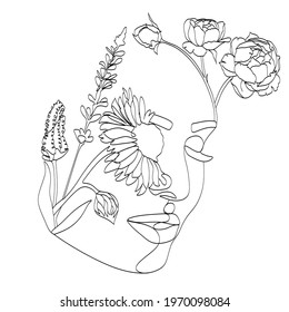 Abstract face with flowers, line drawing. Portrait minimalistic style. Botanical print. Nature symbol of cosmetics. Modern continuous line art. Fashion print. Beaty salon art
