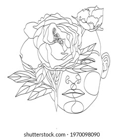 Abstract face with flowers, line drawing. Portrait minimalistic style. Botanical print. Nature symbol of cosmetics. Modern continuous line art. Fashion print. Beaty salon art

