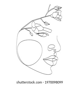 Abstract face with flowers, line drawing. Portrait minimalistic style. Botanical print. Nature symbol of cosmetics. Modern continuous line art. Fashion print. Beaty salon art
