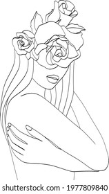 Abstract face with flowers, line drawing. Portrait minimalistic style. Botanical print. Nature symbol of cosmetics. Modern continuous line art. Fashion print. Beaty salon art