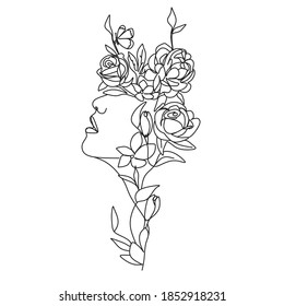 Abstract face with flowers line vector drawing. Portrait minimalistic style. Botanical print. Nature symbol of cosmetics. Modern continuous line art. Fashion print.