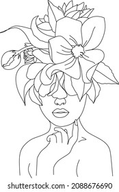 Abstract face with flowers line vector drawing. Portrait minimalistic style. Botanical print. Nature symbol of cosmetics. Modern continuous line art. Fashion print.