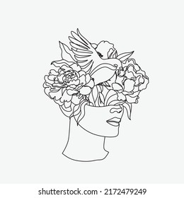 Abstract face with flowers and lipstick illustration one line vector drawing. Portrait minimalist style. Beauty salon logo. Fashion print. Woman with bird. Modern continuous line art. Beaty salon logo