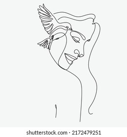Abstract face with flowers and lipstick illustration one line vector drawing. Portrait minimalist style. Beauty salon logo. Fashion print. Woman with bird. Modern continuous line art. Beaty salon logo