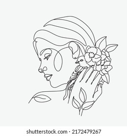 Abstract face with flowers and lipstick illustration one line vector drawing. Portrait minimalist style. Beauty salon logo. Fashion print. Woman with bird. Modern continuous line art. Beaty salon logo