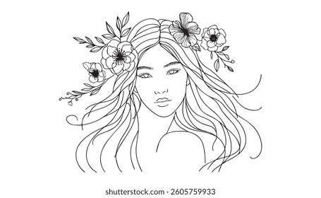 Abstract face with flowers and lipstick illustration. One line drawing. Portrait minimalist style. Beauty salon logo. Fashion print.