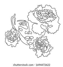 Cara abstracta con flores - dibujo vectorial de una línea. Retrato de estilo minimalista. Huella botánica. Moderna línea de arte. Salón de belleza o logotipo de cosméticos.