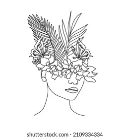 Abstracto de cara con flores dibujo vectorial de una línea. Mujer con pájaro. Retrato de estilo minimalista. Huella botánica. Símbolo de la naturaleza cosmética. Moderna línea de arte. Impresión de moda. Logo de Beaty Salon.