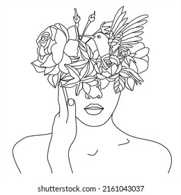 Abstract face with flowers one line vector drawing. Woman with bird. Minimal style portrait. Botanical print. Cosmetics nature symbol. Modern continuous line art. Fashionable print. Beaty salon logo.