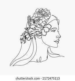 Abstract face with flowers one line vector drawing. Woman with bird. Minimal style portrait. Botanical print. Cosmetics nature symbol. Modern continuous line art. Fashionable print. Beaty salon logo.