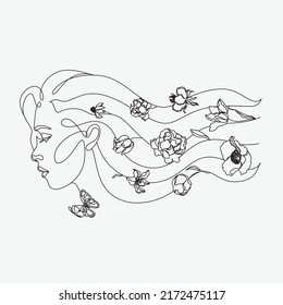 Abstract face and flowers one line vector drawing  Woman and bird  Minimal style portrait  Botanical print  Cosmetics nature symbol  Modern continuous line art  Fashionable print  Beaty salon logo 
