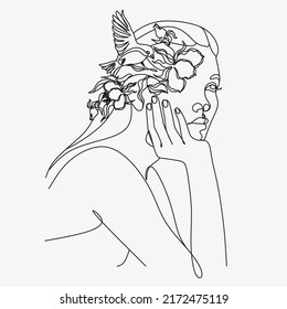Abstracto de cara con flores dibujo vectorial de una línea. Mujer con pájaro. Retrato de estilo minimalista. Huella botánica. Símbolo de la naturaleza cosmética. Moderna línea de arte. Impresión de moda. Logo de Beaty Salon.