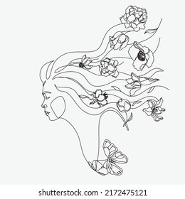 Abstract face with flowers one line vector drawing. Woman with bird. Minimal style portrait. Botanical print. Cosmetics nature symbol. Modern continuous line art. Fashionable print. Beaty salon logo.