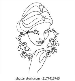 Abstract face with flowers one line vector drawing. Woman with bird. Minimal style portrait. Botanical print. Cosmetics nature symbol. Modern continuous line art. Fashionable print.  