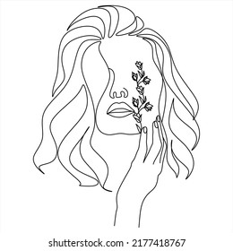 Abstract face and flowers one line vector drawing  Woman and bird  Minimal style portrait  Botanical print  Cosmetics nature symbol  Modern continuous line art  Fashionable print   