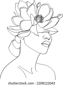 Abstract face and flowers one line vector drawing  Woman and bird  Minimal style portrait  Botanical print  Cosmetics nature symbol  Modern continuous line art  Fashionable print  Beaty salon logo 