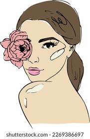 Abstracto de cara con flores dibujo vectorial de una línea. Mujer con pájaro. Retrato de estilo minimalista. Huella botánica. Símbolo de la naturaleza cosmética Mujer de belleza cara con flores Dibujo de una línea.