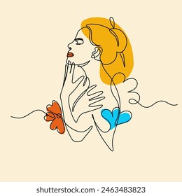 Abstract face girl with half body and flower. Portrait minimalistic Modern continuous line art. For Business Fashion print. Beauty salon art Print. Concept Vector Illustration	
