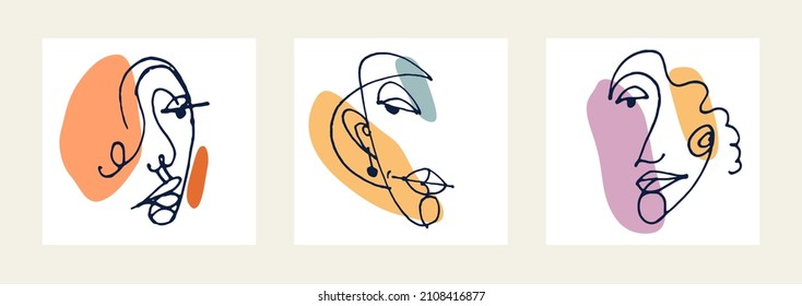 Abstract face girl vector portrait set, abstraction art woman head, hand drawn minimal modern artwork, painted human facial abstraction.