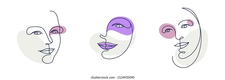 Abstract face girl vector portrait set, abstraction art woman head, hand drawn minimal modern artwork, painted human facial abstraction.