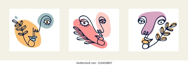 Abstract face girl vector portrait set, abstraction art woman head, hand drawn minimal modern artwork, painted human facial abstraction.