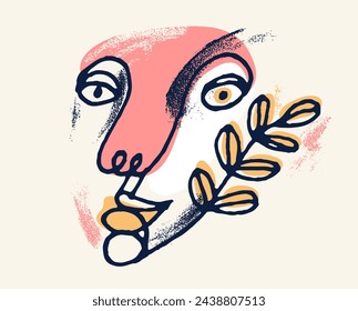 Abstract face girl vector portrait, abstraction art woman head, hand drawn minimal modern artwork, painted human facial abstraction.