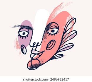 Abstract face girl vector portrait, abstraction art woman head, hand drawn minimal modern artwork, painted human facial abstraction.