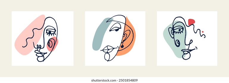 Abstract face girl vector portrait set, abstraction art woman head, hand drawn minimal modern artwork, painted human facial abstraction.