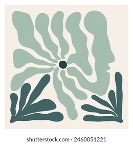 Abstract face with groovy abstract flower beautiful face art. Organic doodle shapes in trendy naive retro hippie 60s 70s style. Contemporary poster