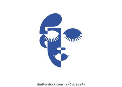 Abstract face with half-closed eyes and modern geometric shapes, stylized female portrait, avant-garde art, blue color.