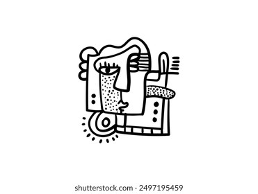 Abstract face hand drawing, line, black and white cubism art style vector illustration.