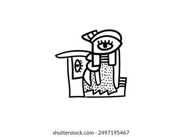 Abstract face hand drawing, line, black and white cubism art style vector illustration.