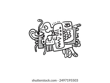 Abstract face hand drawing, line, black and white cubism art style vector illustration.