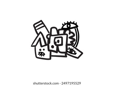 Abstract face hand drawing, line, black and white cubism art style vector illustration.