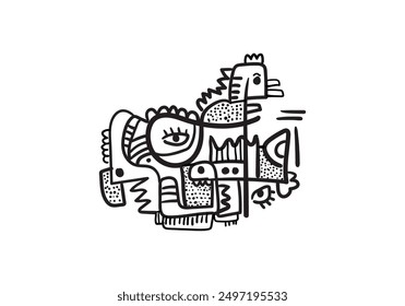 Abstract face hand drawing, line, black and white cubism art style vector illustration.