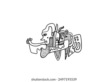 Abstract face hand drawing, line, black and white cubism art style vector illustration.