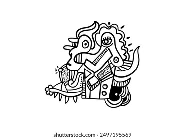 Abstract face hand drawing, line, black and white cubism art style vector illustration.