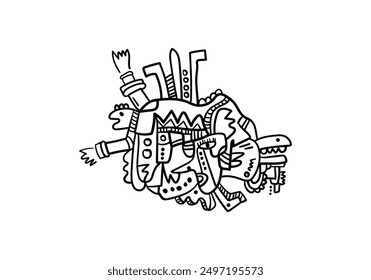 Abstract face hand drawing, line, black and white cubism art style vector illustration.