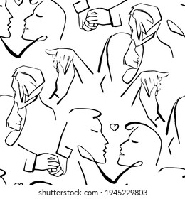 Abstract face and hands line art seamless pattern. Couple and kissing female art. Passion women and man 