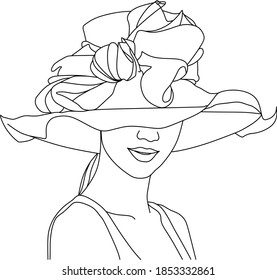 Abstract face with hat and flowers by one line vector drawing. Portrait minimalistic style. Botanical print. Nature symbol of cosmetics. Modern continuous line art. Fashion print. Beaty salon logo.