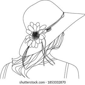 Abstract face with hat and flowers by one line vector drawing. Portrait minimalistic style. Botanical print. Nature symbol of cosmetics. Modern continuous line art. Fashion print. Beaty salon logo.