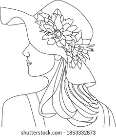 Cara abstracta con sombrero y flores por dibujo vectorial de una línea. Retrato de estilo minimalista. Huella botánica. Símbolo natural de los cosméticos. Moderna línea de arte. Impresión de moda. Logo de Beaty Salon.