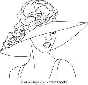 Abstraktes Gesicht mit Hut und Blumen durch eine Linie, Vektorgrafik.