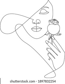 Abstract face with hat and flowers by one line vector drawing.