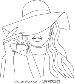 Abstract face with hat and flowers by one line vector drawing.