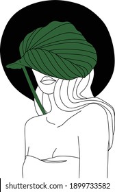 Abstract face with hat and flowers by one line vector drawing. Portrait minimalistic style. Botanical print. Nature symbol of cosmetics. Modern continuous line art. Fashion print. Beaty salon logo.