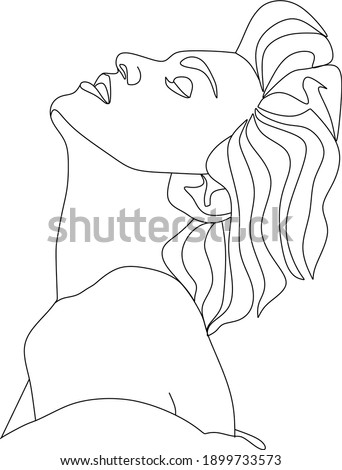 Abstract face with hat and flowers by one line vector drawing. Portrait minimalistic style. Botanical print. Nature symbol of cosmetics. Modern continuous line art. Fashion print. Beaty salon logo.