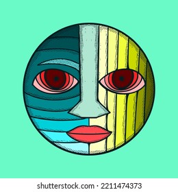 Abstract face Illustration hand drawn cartoon colorful vintage style vector