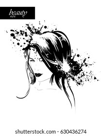 Abstract face. Ink composition with a lady and blots